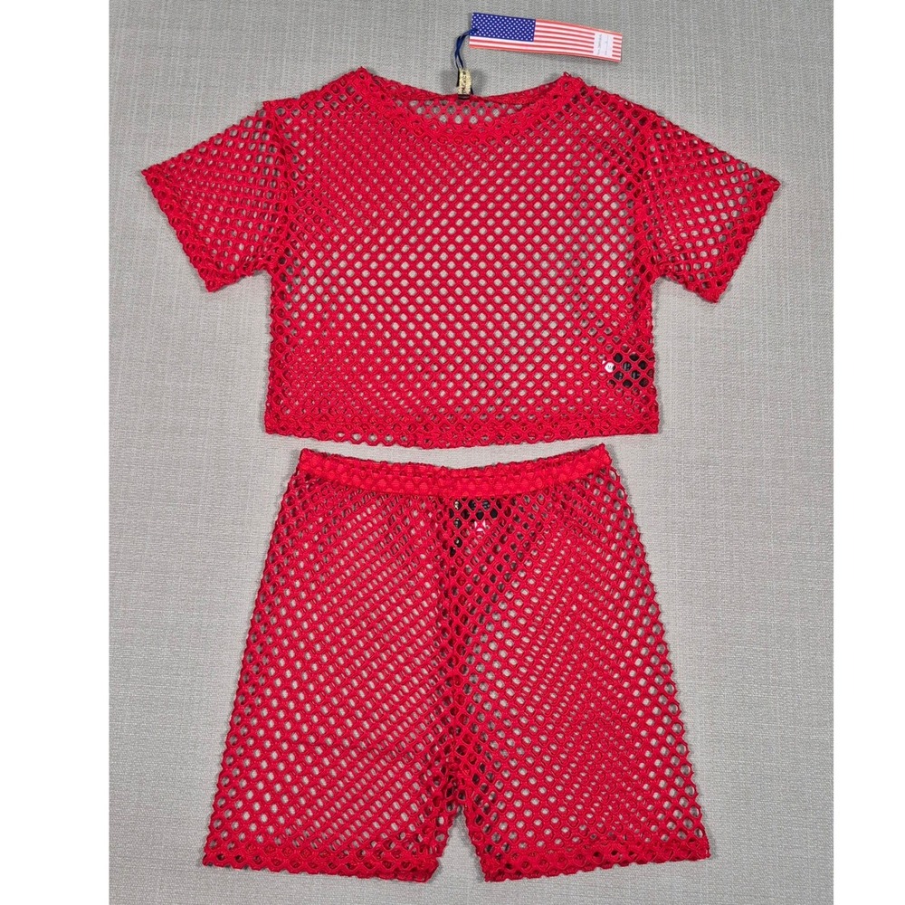 American Leisure Women's Red Mesh Two Piece Set Crop Top Shorts Size S NWT